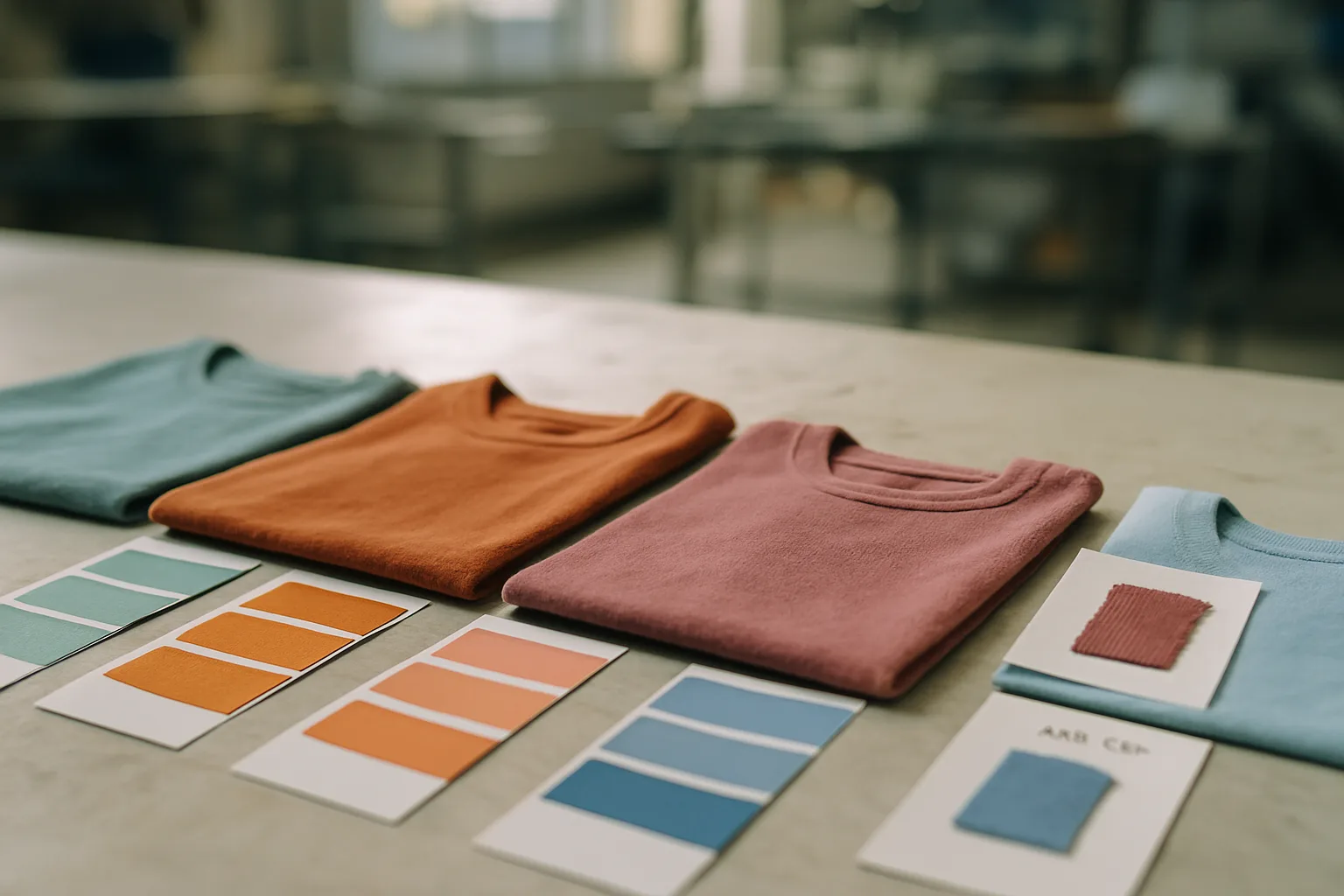 A detailed look at how t-shirt fabrics and colors are evaluated for bulk production, showing swatches, lab dips, and Pantone references.
