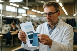 A quality control expert inspects a fabric swatch and its lab dip under good lighting conditions.