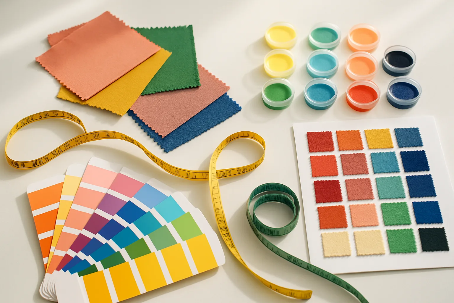 An overhead shot of fabric swatches, approved lab dips, and Pantone cards on a well-lit lab table, showing the precision and care involved in selecting textile colors and materials for global t shirt sizing manufacturing.