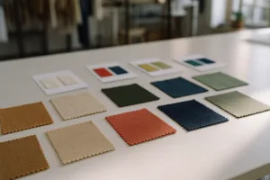 A variety of t shirt fabric samples and color swatches spread out for lab dip comparison and approval.