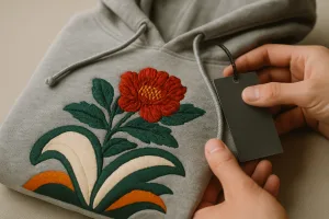 A detailed look at embroidery and print on a finished hoodie emphasizes craftsmanship and brand quality, enhanced by a woven hangtag.