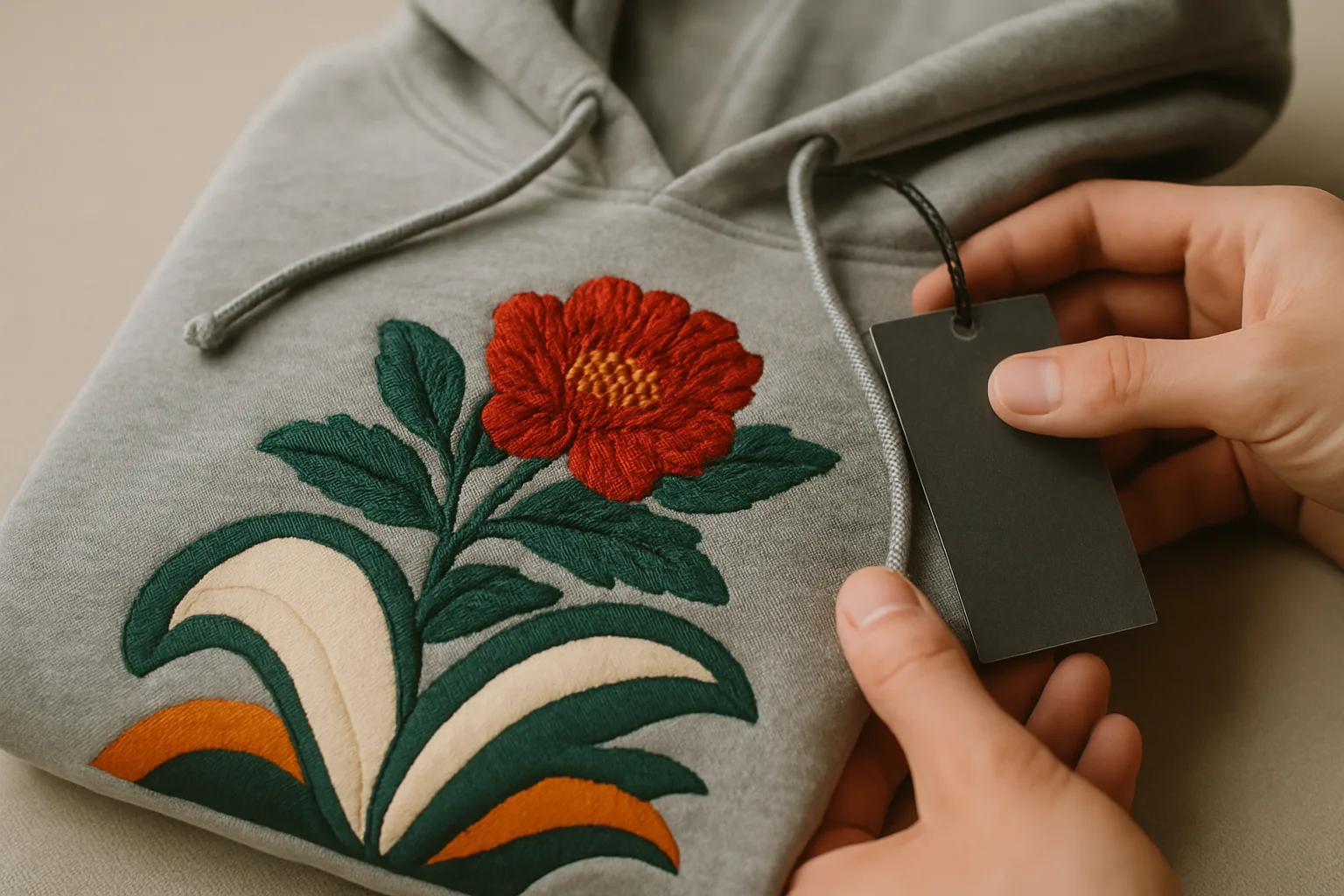 A detailed look at embroidery and print on a finished hoodie emphasizes craftsmanship and brand quality, enhanced by a woven hangtag.