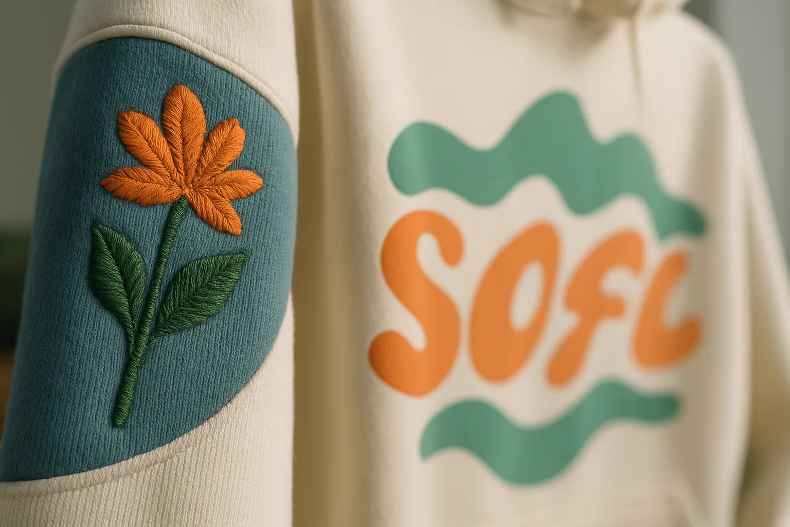 Detailed close-up of embroidery and high-quality screen print on a finished custom hoodie, illustrating craftsmanship and surface detail.