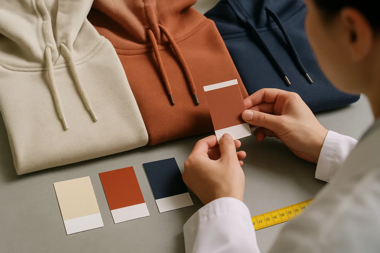 A technician reviews various fabric swatches alongside Pantone cards under a neutral light to ensure color accuracy for hoodies. Measurement tape and material specs are visible.
