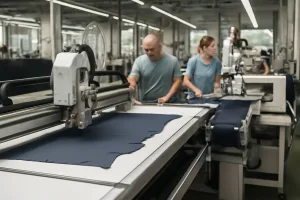 Cutting and sewing machines with inline quality control for precise brand production.