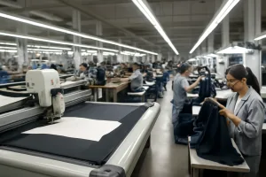 Modern apparel workshop showing automated fabric cutters, garment assembly lines, and staff performing inline quality control.
