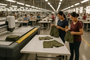 Industrial apparel factory floor with automated cutting tables and sewing lines, featuring workers conducting inline quality control for custom shorts.
