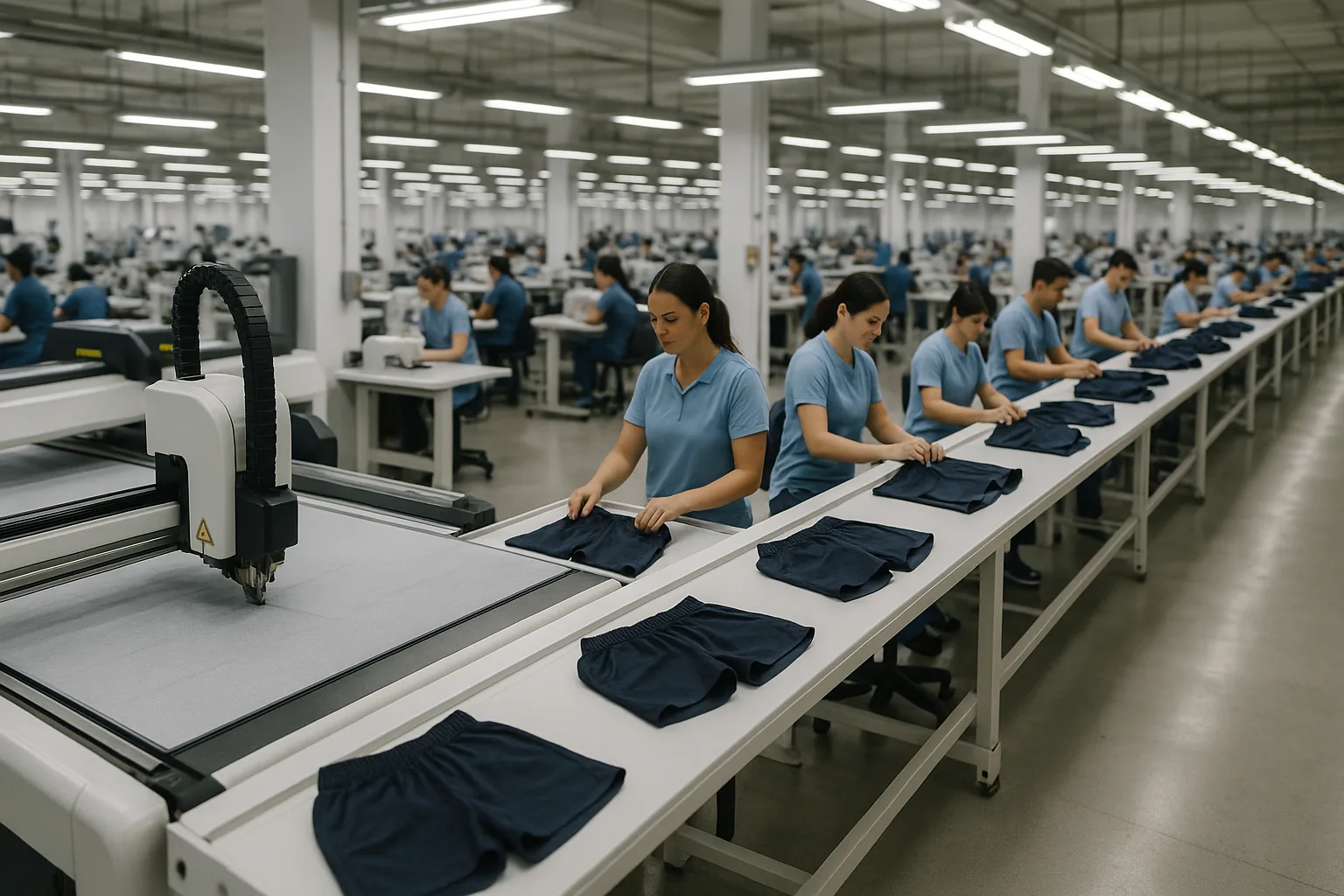 Production line for shorts with automated cutters and workers performing inline quality control checks.