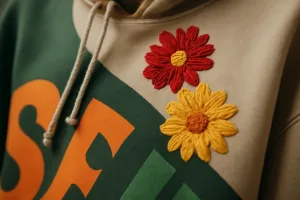 A close view of embroidery and print quality demonstrates the level of detail and durability expected in a debut clothing collection.