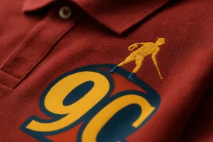 A close-up of a finished polo shirt highlighting precise embroidery and a colorful screen print for quality assessment.