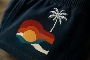 Close-up of high-quality embroidery and printing on a branded short, highlighting craftsmanship and color depth.