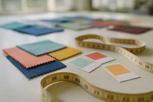 Evaluating color consistency and texture for shorts manufacturing across global markets, featuring swatches, lab dips, and Pantone matching tools.