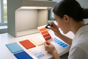 A lab technician evaluates a set of fabric swatches next to Pantone color cards, ensuring color accuracy and consistency for clothing brand positioning.