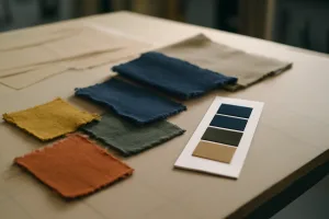 A fashion designer compares lab dip color cards with various fabric swatches, focusing on color accuracy and material texture.