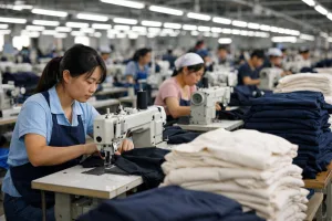 Chinese apparel factory production line with workers, sewing machines, and fabric.