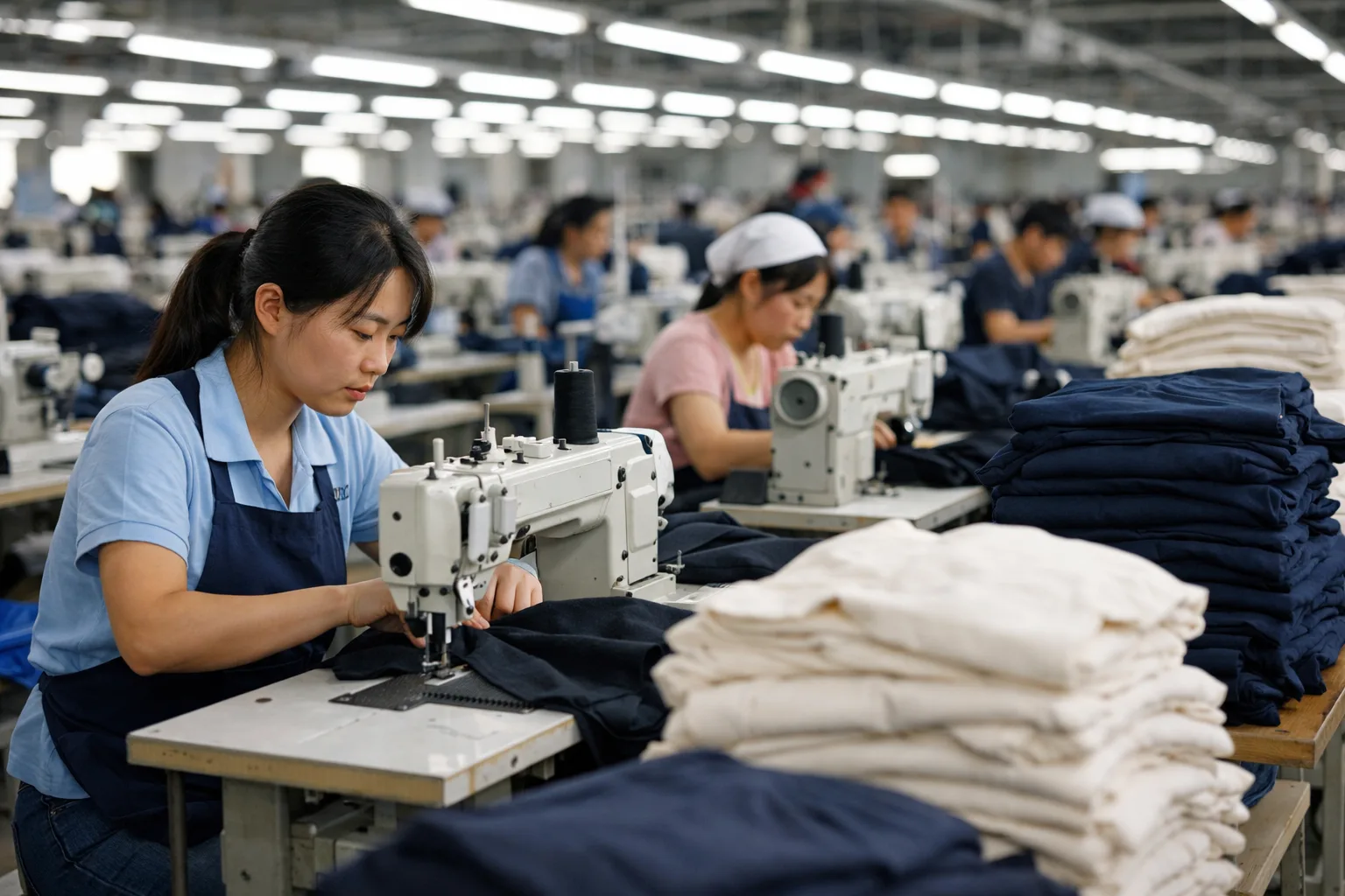 Chinese apparel factory production line with workers, sewing machines, and fabric.