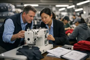 Managers inspecting factory sewing machines and reviewing documents