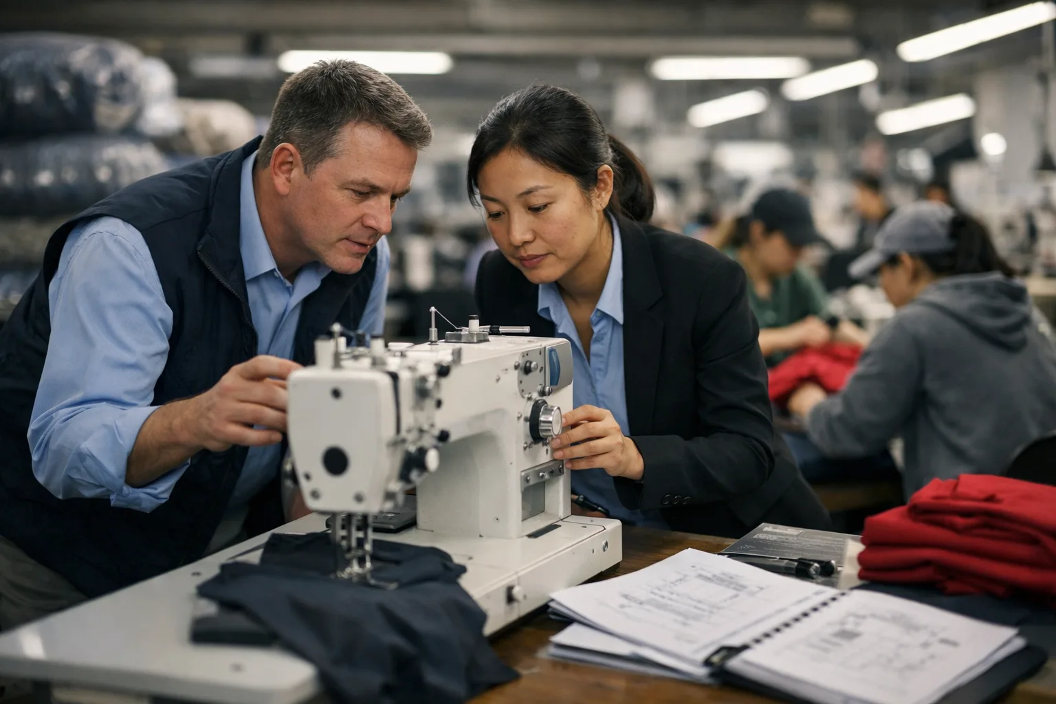 Managers inspecting factory sewing machines and reviewing documents