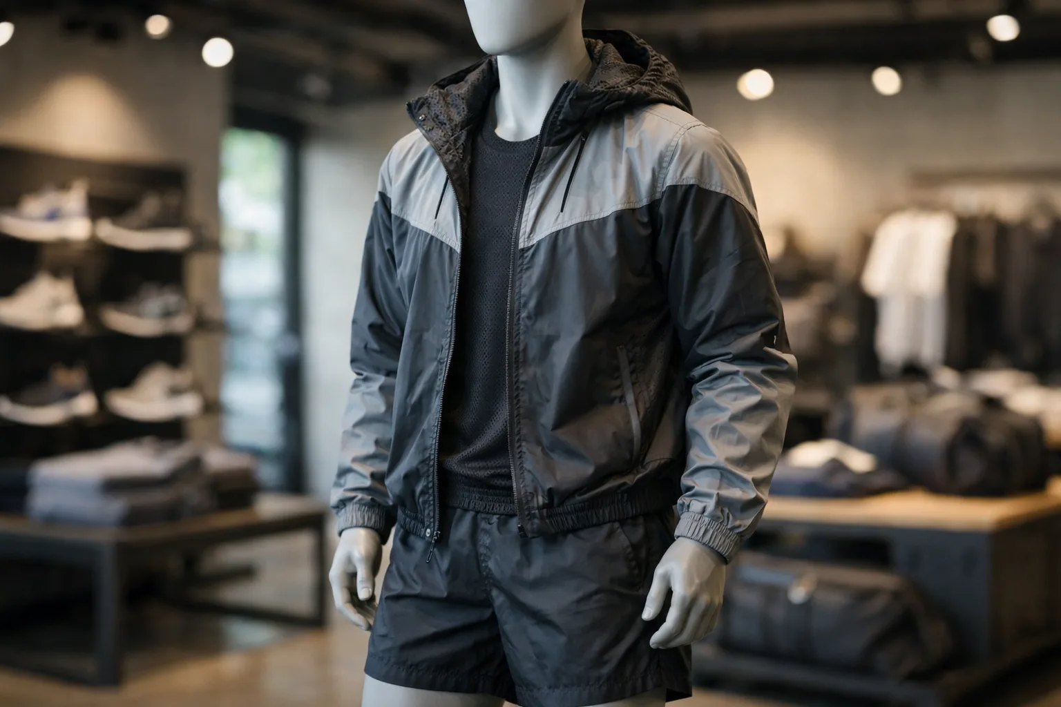 Mannequin displays nylon jacket and shorts for sports in retail setting