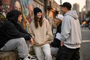 Young people wear streetwear hoodies and joggers in a city setting