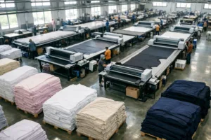 A clean and efficient knitwear production floor in Bangladesh, showing high-volume garment manufacturing for basics like T-shirts and hoodies.