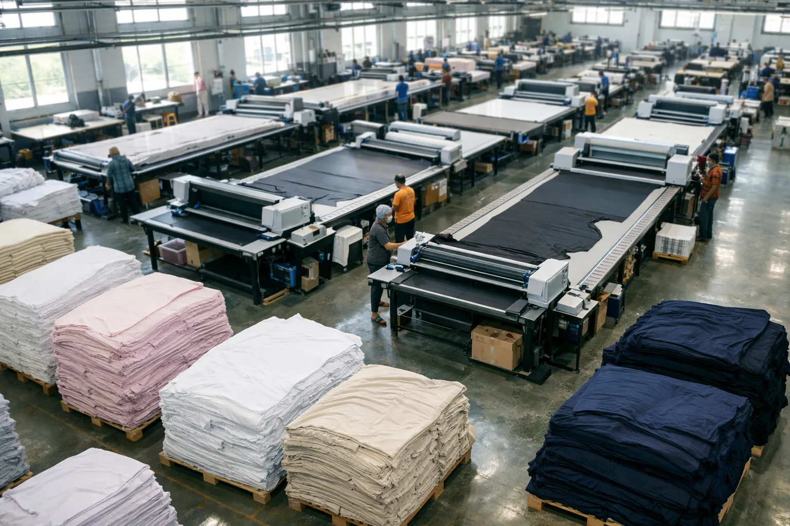 A clean and efficient knitwear production floor in Bangladesh, showing high-volume garment manufacturing for basics like T-shirts and hoodies.