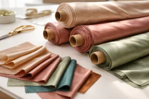 Image showing fine cupro fabric swatches and bolts in a professional textile production environment, highlighting sheen and texture.