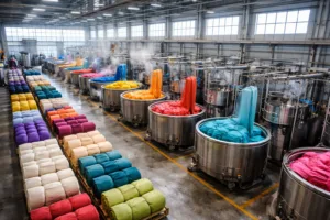 A clean, efficient industrial dyehouse, showing fabric rolls and dyeing vats, conveying the challenge of minimum color quantities in apparel manufacturing.