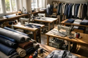 A photo-realistic view of an artisanal Italian workshop, emphasizing premium textiles and organized production layout to set the tone for luxury apparel manufacturing.