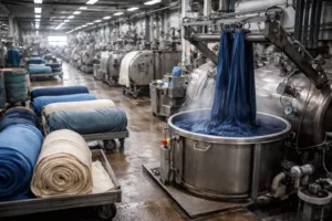 A textile factory highlights the dye vat and prepared fabric rolls, visually explaining the fixed costs that drive minimum order quantities in production.