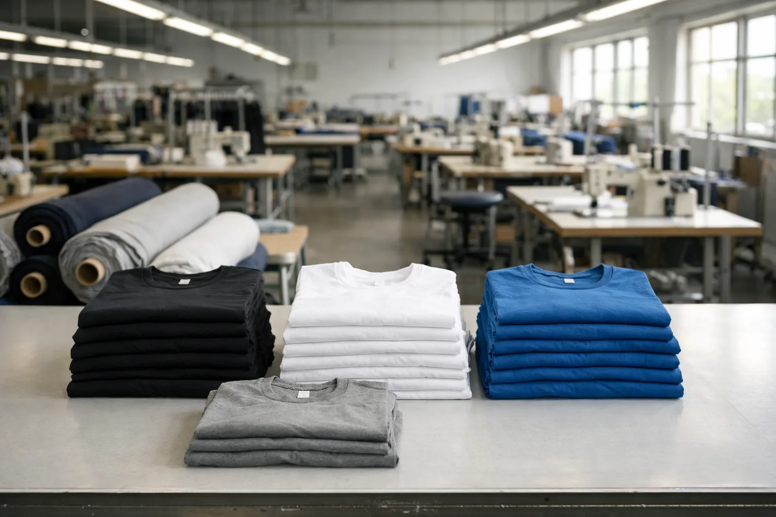 A professional clothing factory scene showcasing a small batch t-shirt order, highlighting production scale and negotiation context.