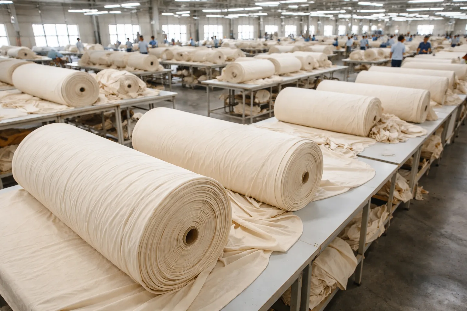 A professional view of Indian garment manufacturing with organic cotton rolls, highlighting fabric quality and modern production environment.