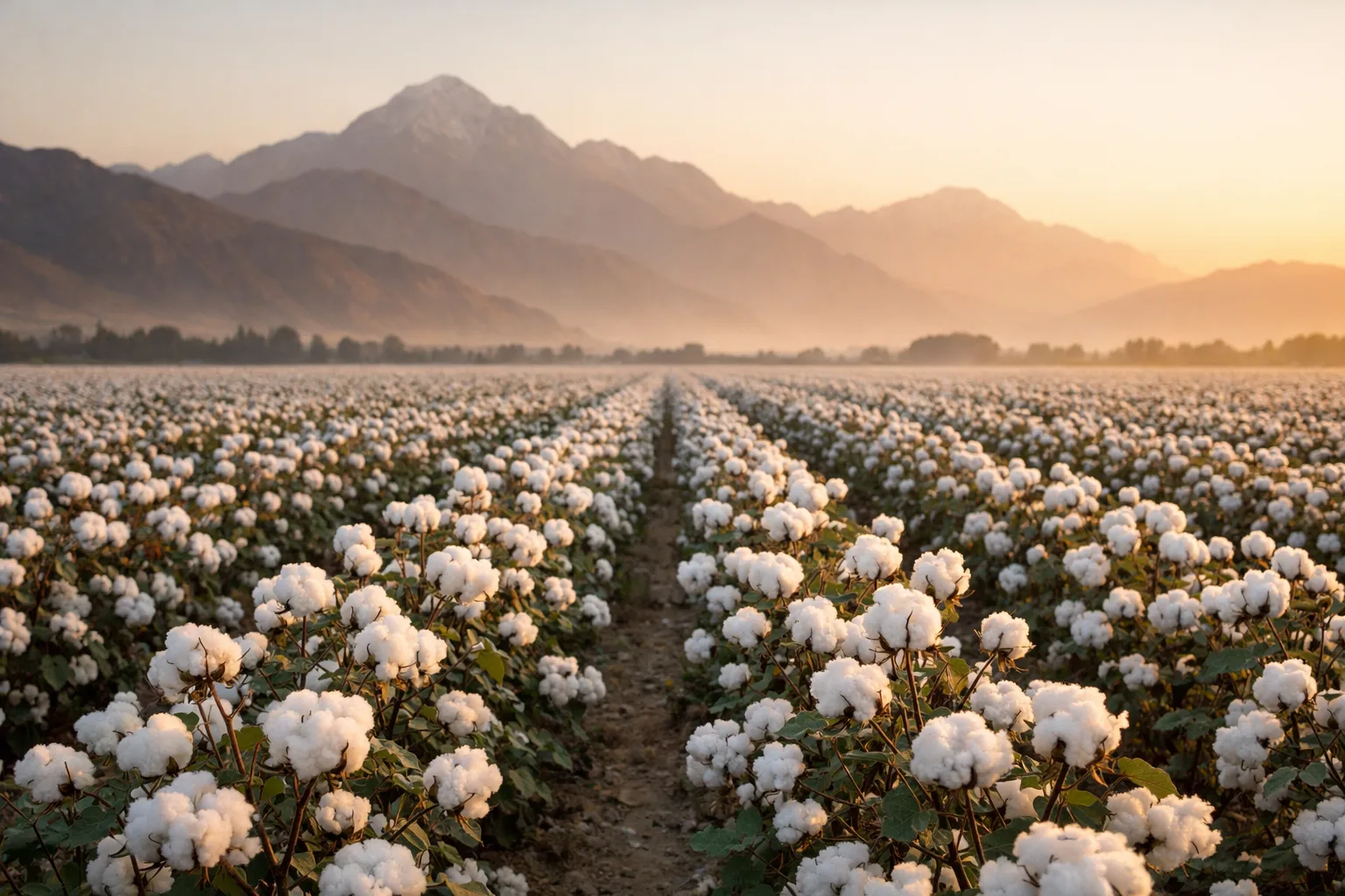 Shows a tranquil cotton farm in Peru, conveying the source of premium Pima fiber for luxury apparel manufacturing.