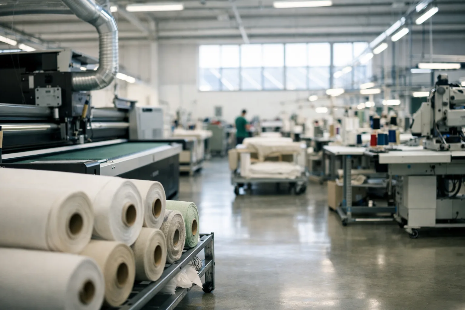 A daylight-filled Portuguese factory producing sustainable luxury apparel, featuring advanced machinery and organized textile storage.