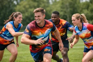 Team athletes wearing sublimation-printed custom jerseys on a sports field