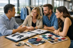 Clothing supplier consulting with brand owners, showing garment samples and catalogs in a bright office