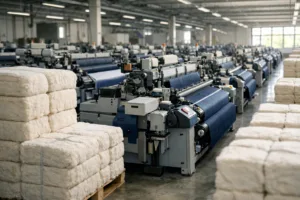 A photo-realistic portrayal of a Turkish denim factory emphasizing modern equipment and local cotton quality, representing the theme of Turkish sourcing excellence.