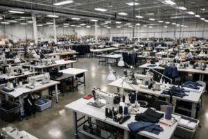 A professional, organized USA garment manufacturing floor highlighting advanced machinery and skilled staff, showing clarity in production processes.