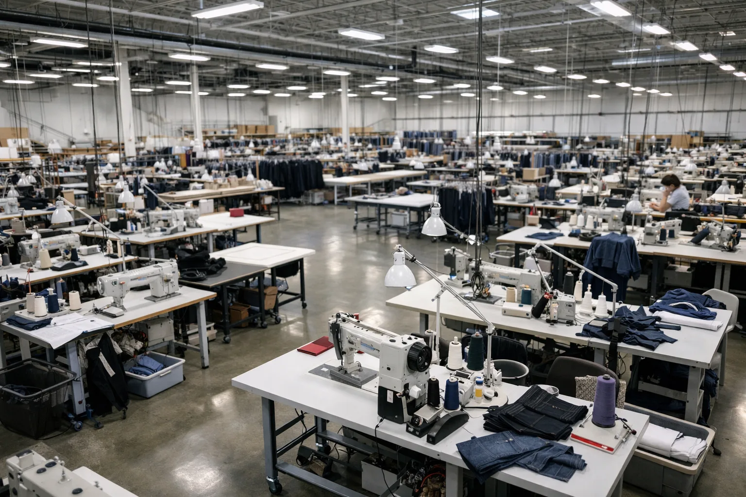 A professional, organized USA garment manufacturing floor highlighting advanced machinery and skilled staff, showing clarity in production processes.