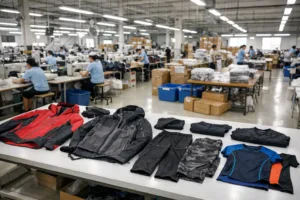 Wide-angle photo of a modern Vietnam garment factory producing sportswear, showing sample racks, assembly lines, and packaging ready for shipment.