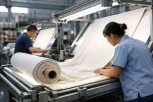 Textile workers and technicians checking viscose fabric quality on the production floor, representing manufacturing reality in sustainable fabric assessment.