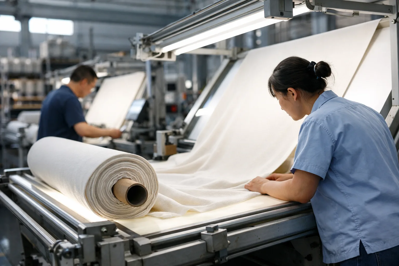 Textile workers and technicians checking viscose fabric quality on the production floor, representing manufacturing reality in sustainable fabric assessment.