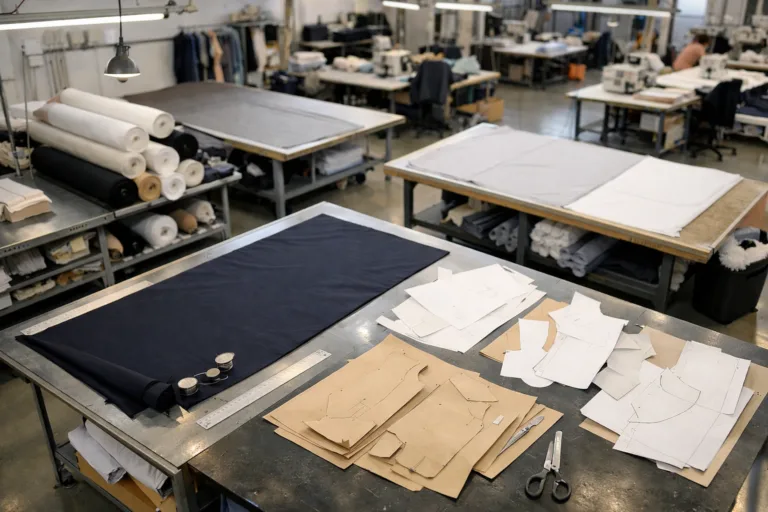 Scene shows the first stage of apparel manufacturing with fabrics and patterns ready for production; bright, organized workspace for efficient output.