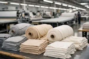 This image shows a modern factory setting, highlighting bulk fabric rolls and order preparation for multiple apparel styles.