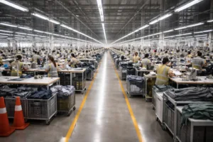 A panoramic look at a garment factory during a facility audit showing safety, cleanliness, and equipment layout.