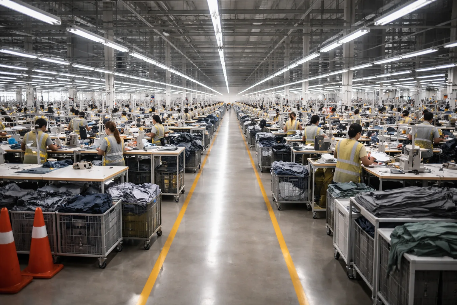 A panoramic look at a garment factory during a facility audit showing safety, cleanliness, and equipment layout.