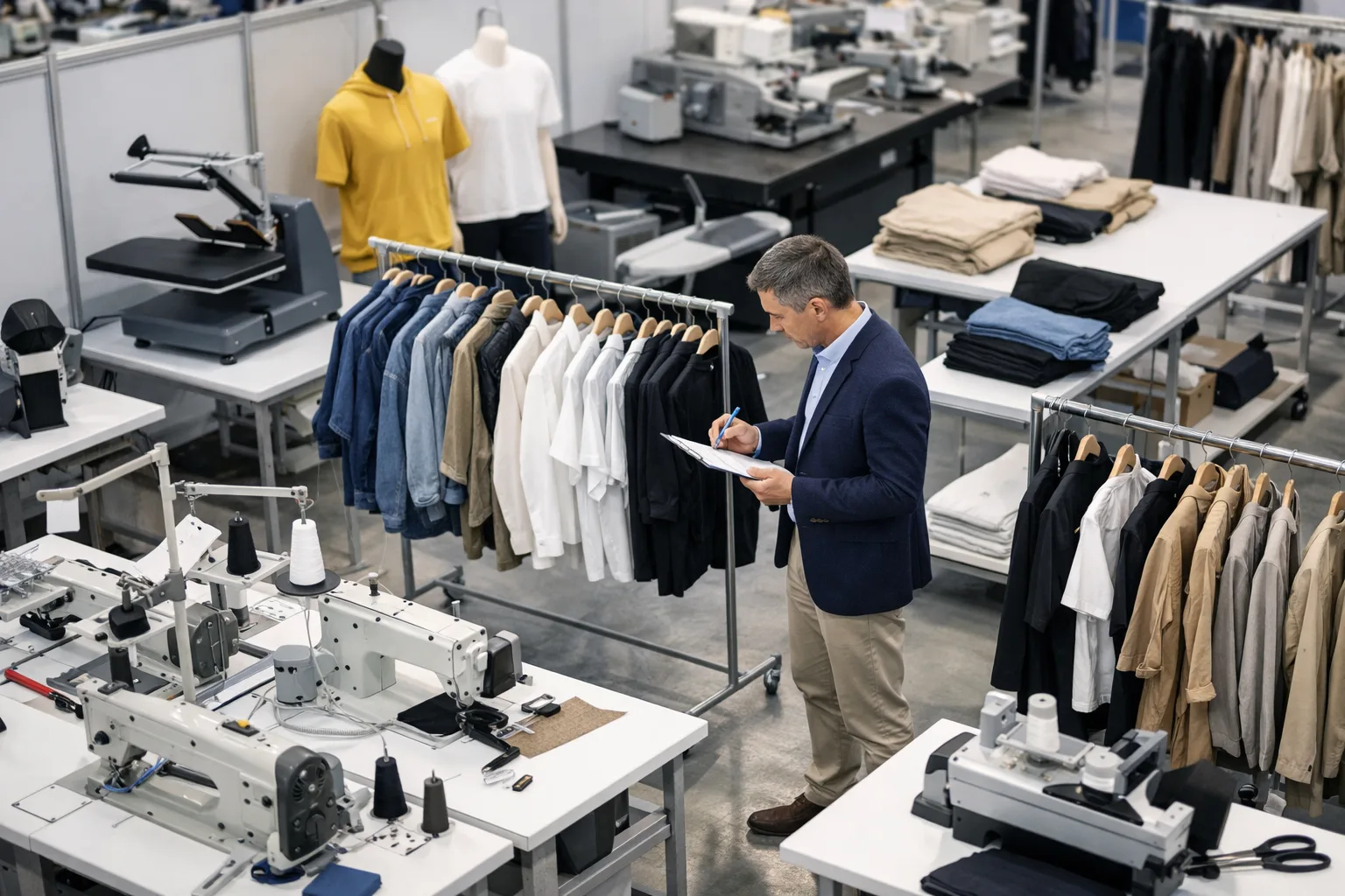 Shows a buyer scrutinizing a garment factory for signs of legitimacy. The image highlights the audit process as a key sourcing safety step.