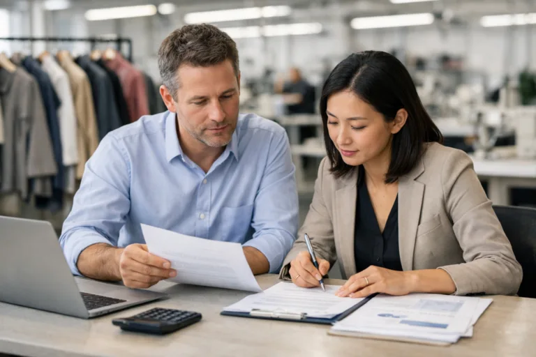 Two professionals review payment terms contract documents, emphasizing TT, LC, and Net 30 in the context of garment manufacturing.