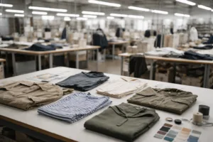 A professional textile factory room showcasing organized garment samples and quality control, reflecting the theme of reference checking for due diligence.