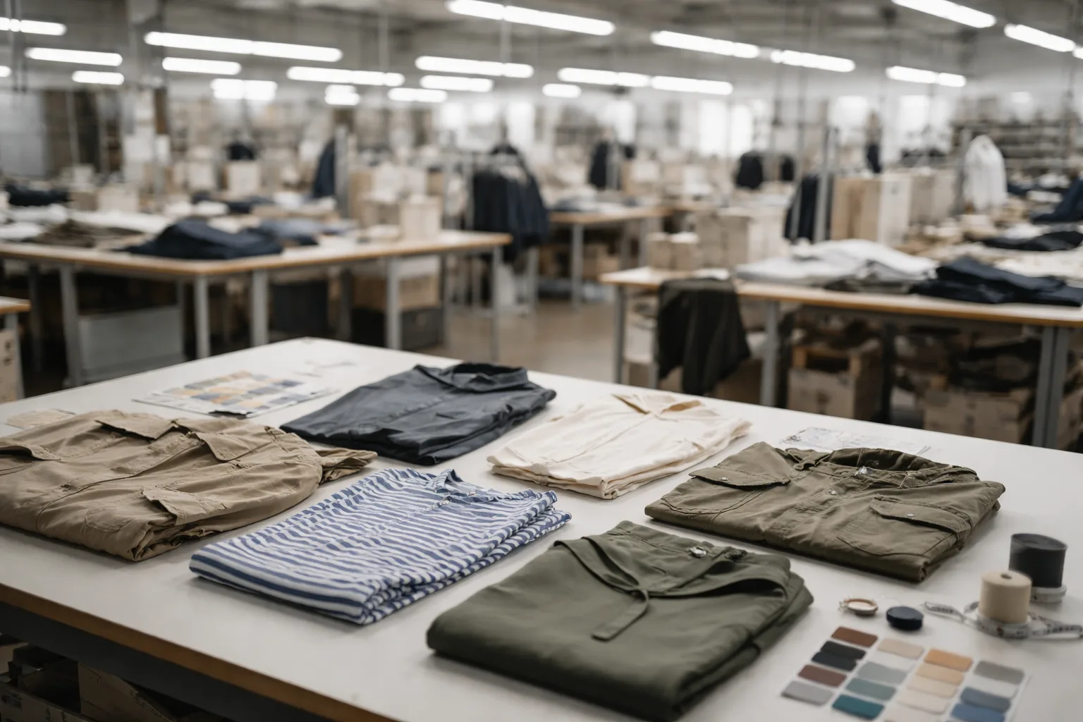 A professional textile factory room showcasing organized garment samples and quality control, reflecting the theme of reference checking for due diligence.